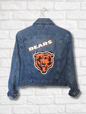 Chicago Bears Crop Denim Jacket W/Rhinestones
